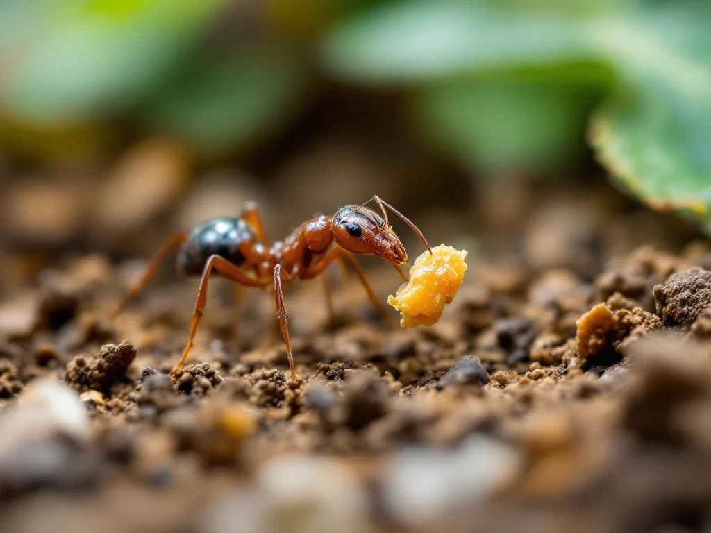 Close-up of an ant carrying food along a dirt path.