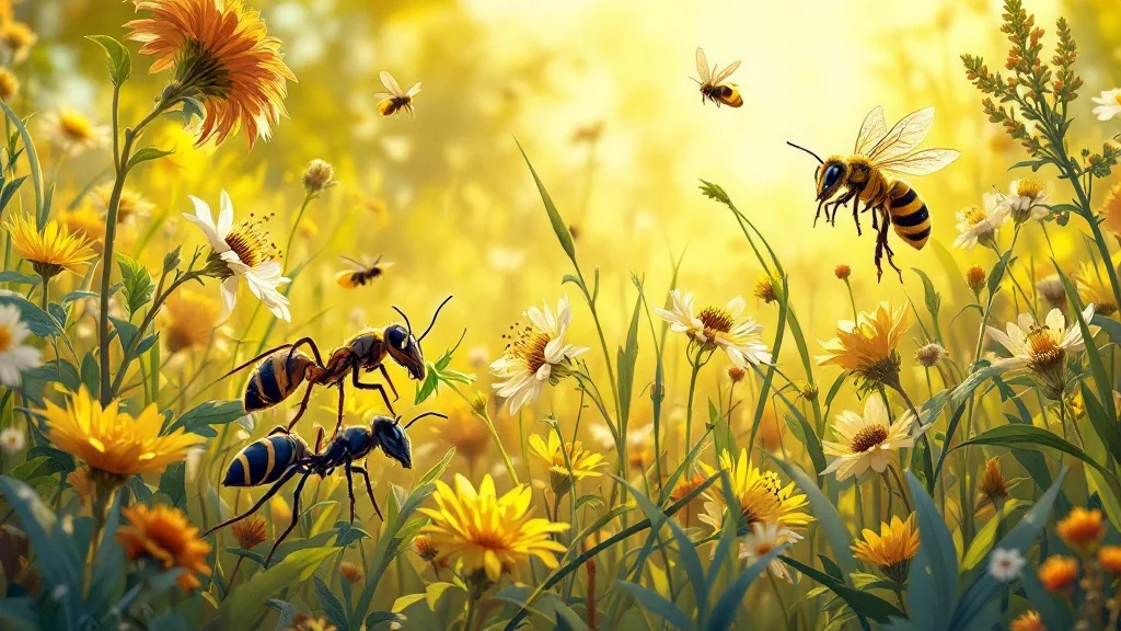 Ants carrying leaves, a bee gathering nectar, and a wasp building a nest in a lively meadow.