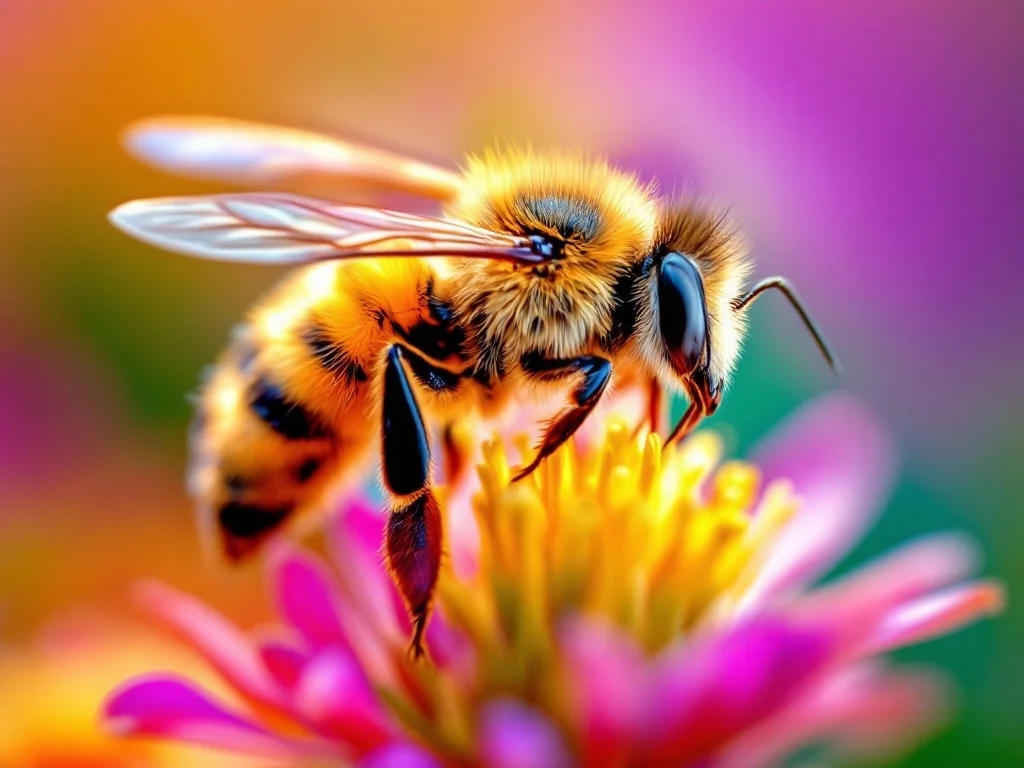 Bee hovering near a flower, collecting nectar.