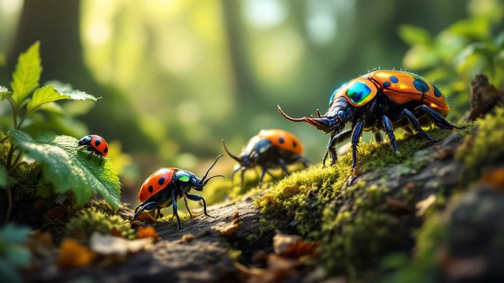 Close-up of colorful beetles like ladybugs, rhinoceros beetles, and jewel beetles on a forest floor.