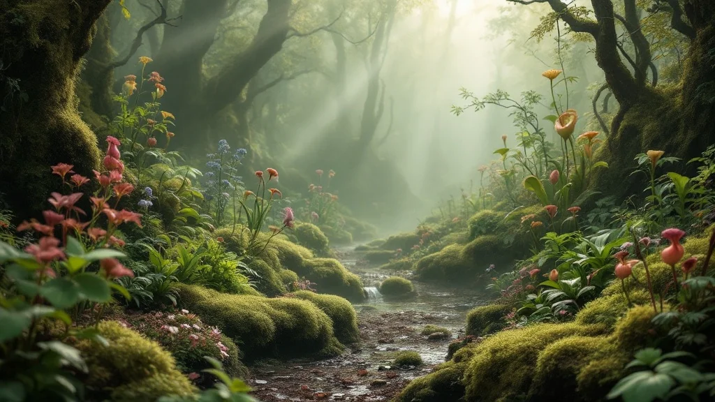 Mystical bog with sundew, bog moss, and pitcher plants in a foggy, damp atmosphere.