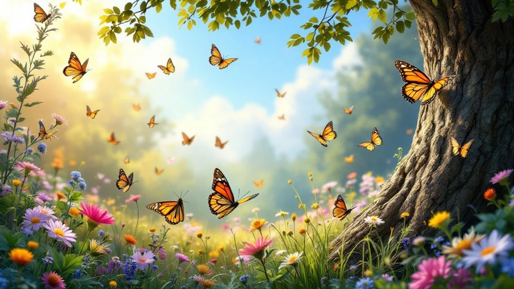 Butterflies and moths fluttering around vibrant wildflowers in a sunlit meadow.