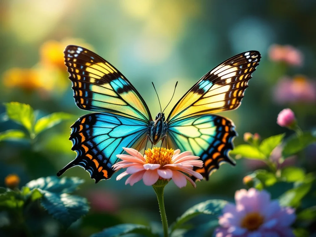 Colorful butterfly perched on a flower, wings spread.