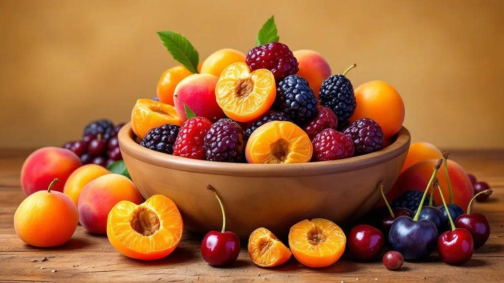 Dried apricots, prunes, and cherries arranged in a wooden bowl with slices.