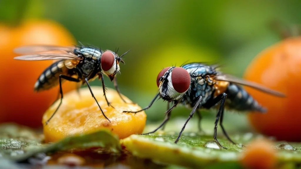A housefly on fruit, a dragonfly over water, and a mosquito resting on a leaf in a garden setting.