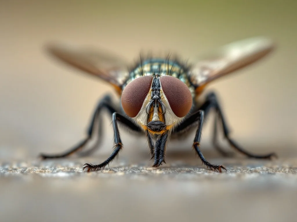 Fly resting on a surface, large eyes and wings visible.