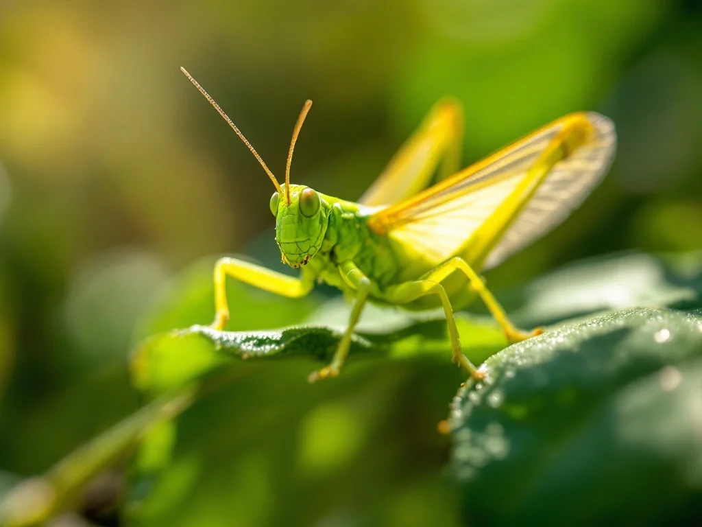 Grasshopper resting on a leaf, long legs and green body visible.