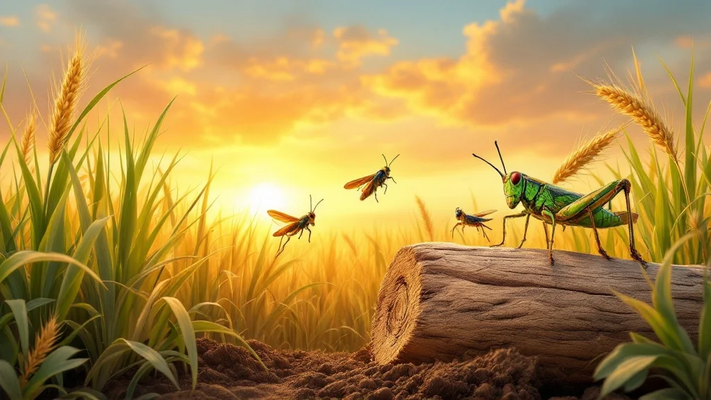 Grasshoppers jumping on grass, crickets chirping on logs, and locusts in golden fields.
