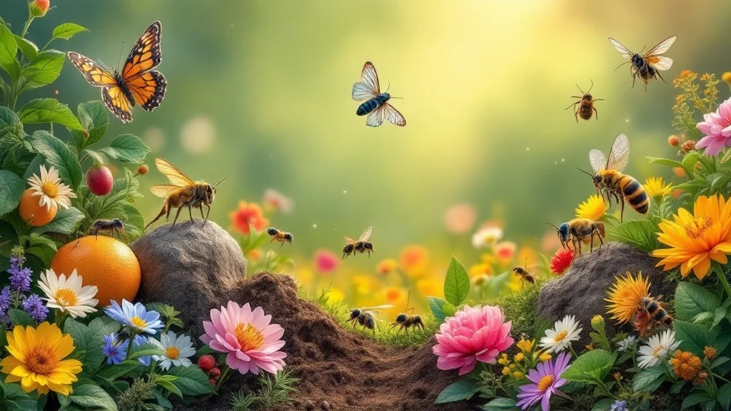 Vibrant scene featuring diverse insects, including beetles, butterflies, flies, ants, grasshoppers, and termites in natural habitats.