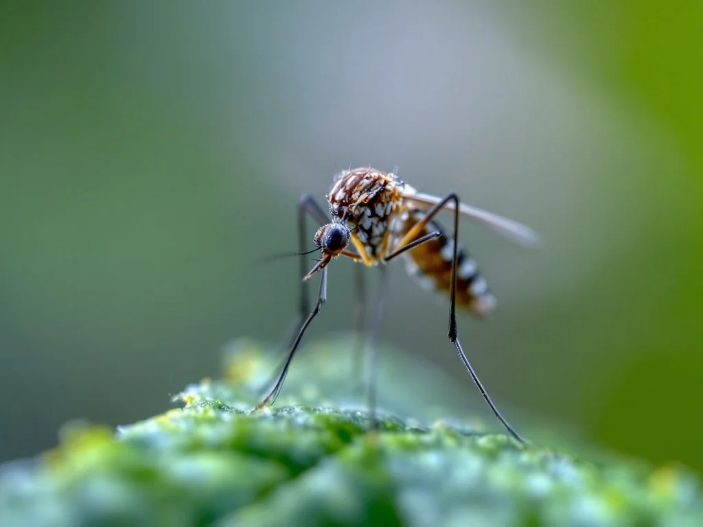 Mosquito perched on a leaf, detailed wings visible.