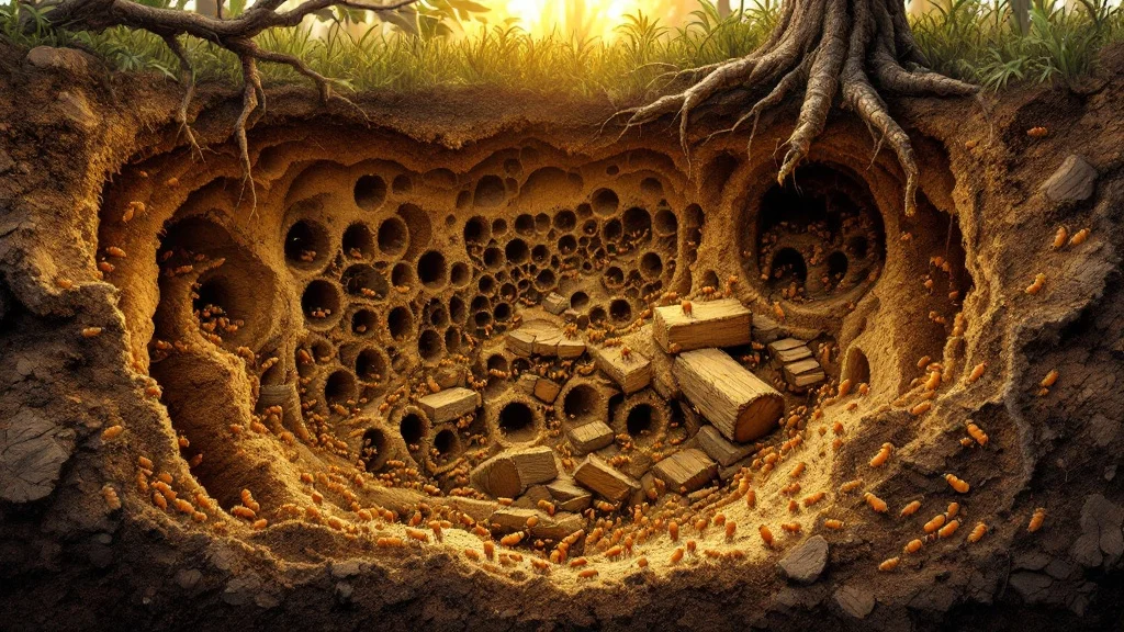 A detailed underground termite colony with tunnels, wood, and termites working together.