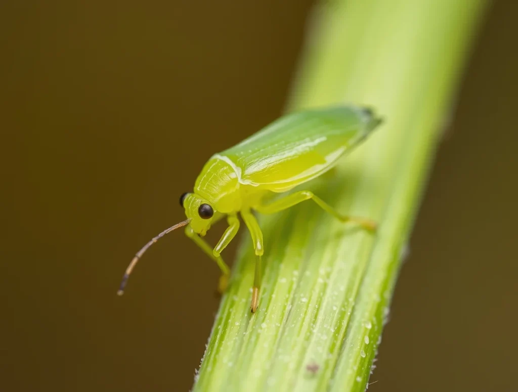 A tiny green aphid resting on a leaf.