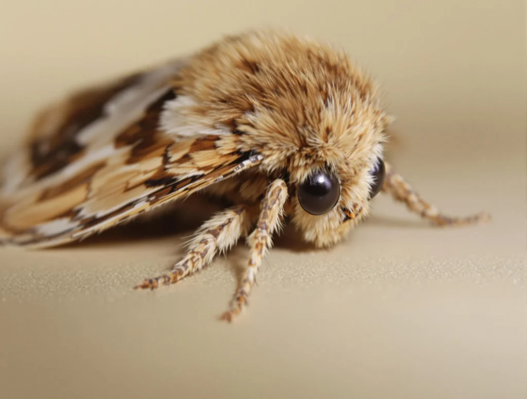 A brown moth with feathery wings resting on a surface.