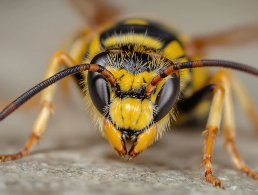 A black and yellow wasp with sharp mandibles.