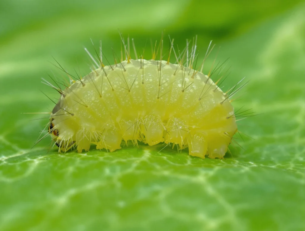 A plump, colorful caterpillar crawling on a leaf.