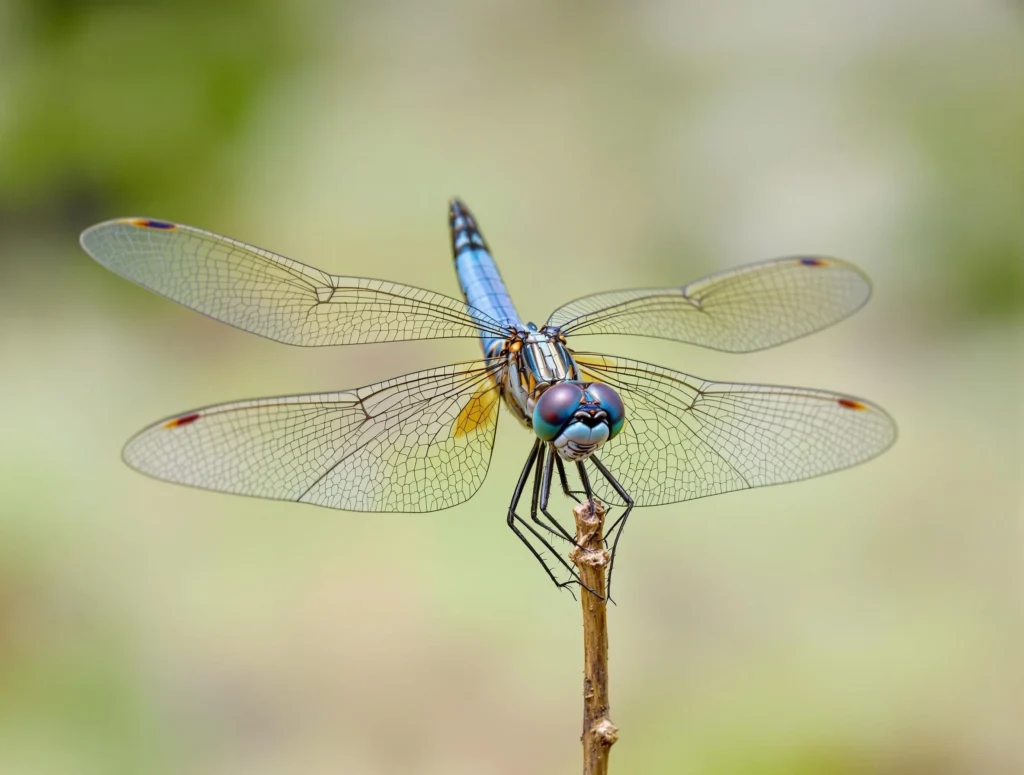 A dragonfly with transparent wings perched on a twig.