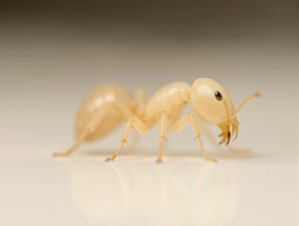 A pale termite with a soft, segmented body.